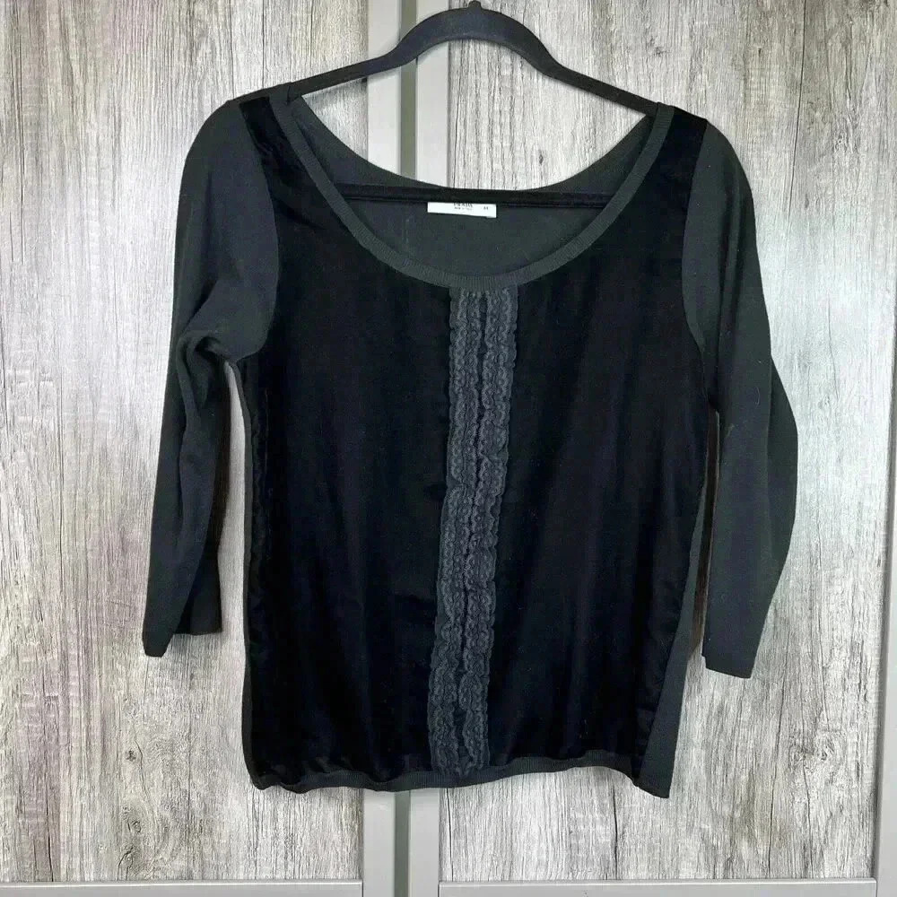 Prada Top Women 44 Sheer Velvet Lace Detail Black Color